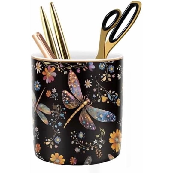 Pen Holder, Pencil Cup for Desk, Cute Makeup Brush Holder, Durable Ceramic Organizer Decor for Room, Office, Classroom, Cute Dragonfly Pattern