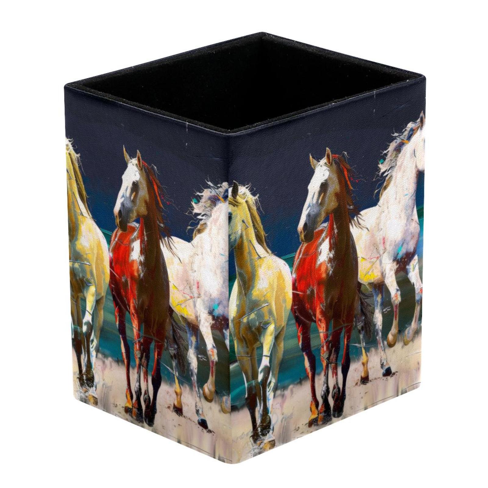 Pen Holder Square Pencil Holder for Desk, Running Horses Oil Painting Pen Pot Pen Cup Makeup