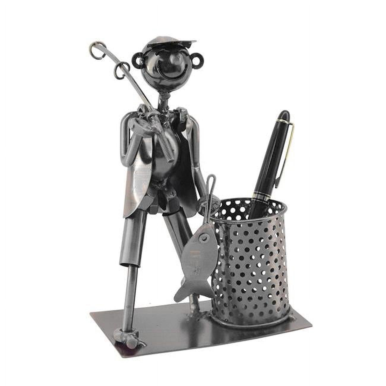 Handmade Silver Metal Fisherman Pen Holder with Fishing Pole