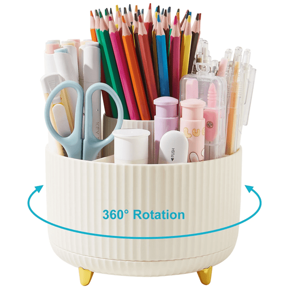 Pen Holder with 5 Slots,Makeup Brush Holder Organizer,360 Degree Rotating Pencil Holder for Desk Organizer,Office Supplies,Home(Beige)