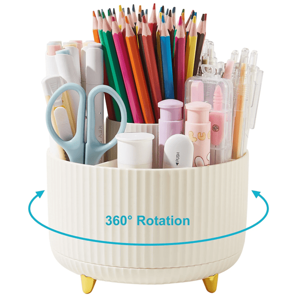 Pen Holder with 5 Slots,Makeup Brush Holder Organizer,360 Degree Rotating Pencil Holder for Desk Organizer,Office Supplies,Home（Beige）