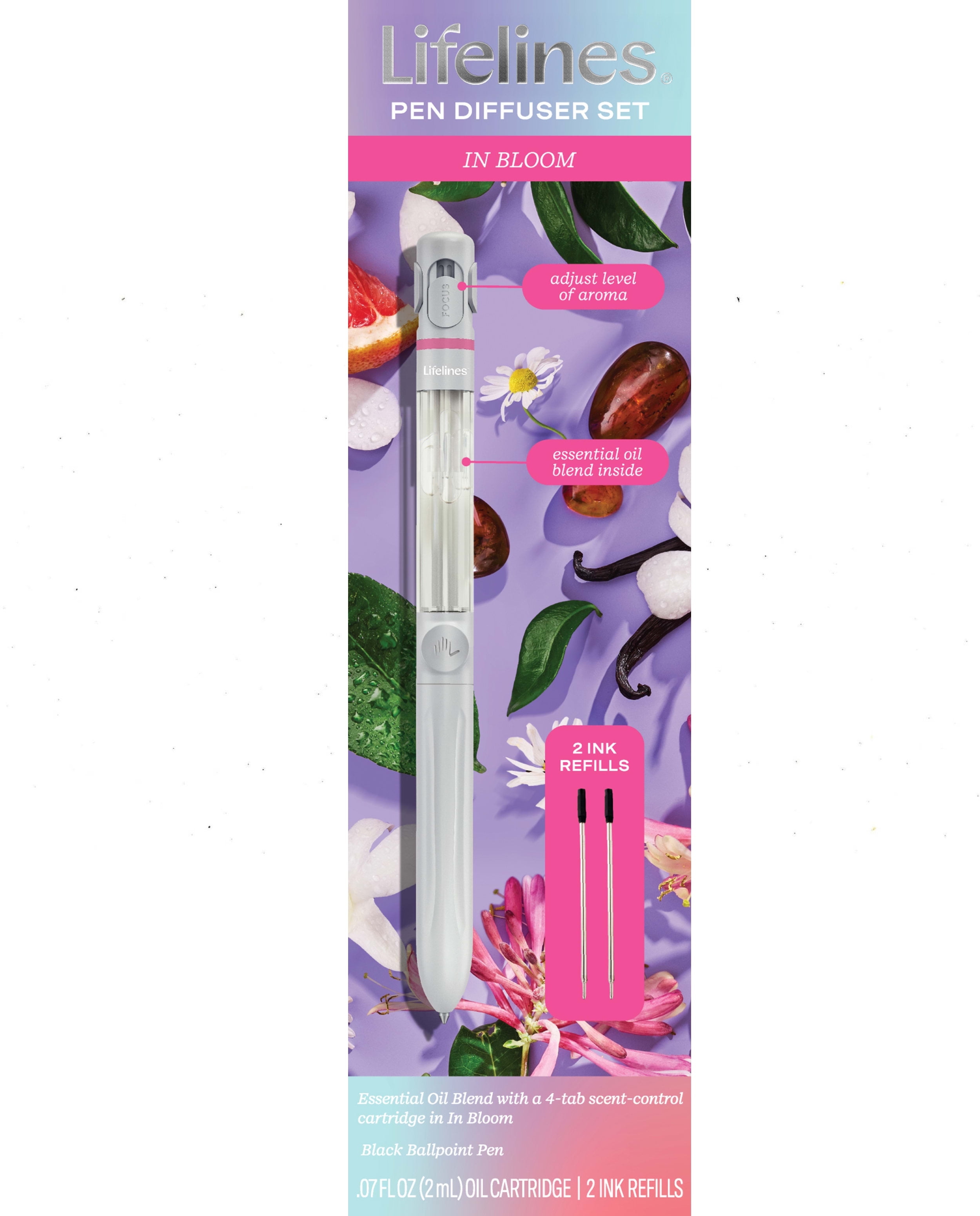 Lifelines Pen Diffuser Set, In-Bloom Scent, 1mm Black Ballpoint Pen with Scented Essential Oil Blend & 2 Ink Refills, Aromatherapy Diffuser & Sensory Immersion