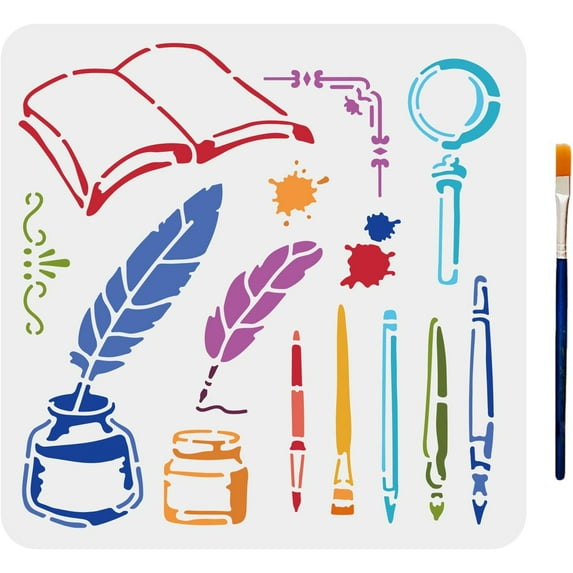 Pen Ink Book Stencils 11.8×11.8inch Large Study Supplies Stencil with Paint Brush Reusable Quill Magnifier Stencil Template for School Library Wall Wood Decor