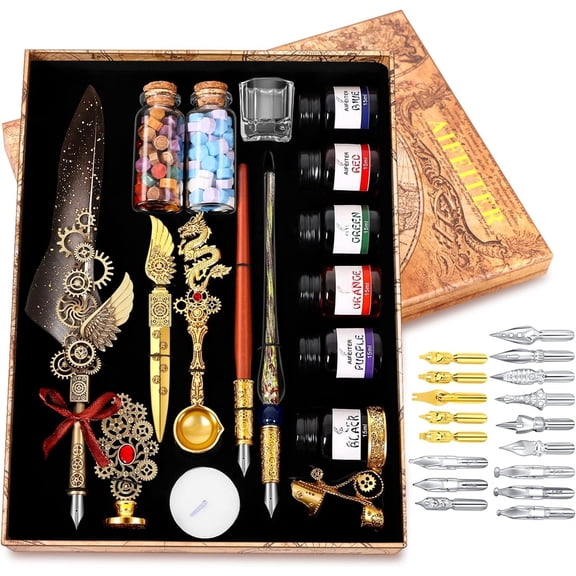 Pen Ink Set - 6 Bottles of Ink, Quill Pen, Glass & Wooden Dipping Pens, 8 Sheets of Writing Paper, Envelope, Wax Granules, Round Wax, Seal, Spoon, Pen Holder (Grey)