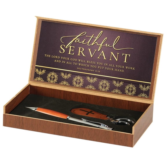 Dicksons Faithful Servant Burgundy 7 x 4 Metal Pen and Key Chain Boxed Gift Set