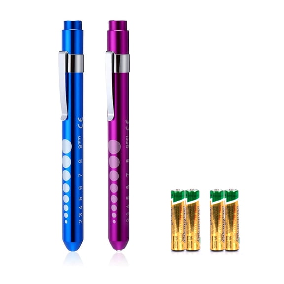 Pen Light with Pupil Gauge Nursing Pen Lights for Nurses 2 Pack Reusable Pupil Penlight for Nursing Students Doctors EMTs White Light LED Penlights for Nurses with 4 Batteries Blue and Purple