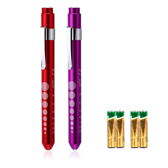 Pen Light with Pupil Gauge Nursing Pen Lights for Nurses 2 Pack Reusable Pupil Penlight for Nursing Students Doctors EMTs White Light LED Penlights for Nurses with 4 Batteries Red and Purple