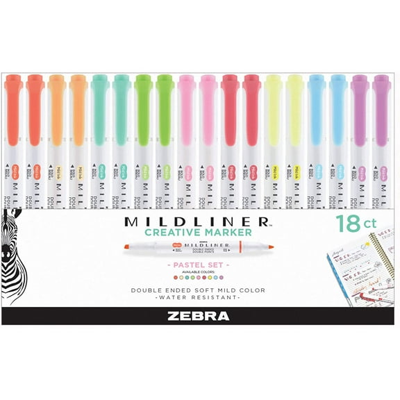 Pen Mildliner Highlighters, Double Ended Highlighter, Broad And Fine Tips, Pastel Colors Midliner Pens, 18 Pack, 78118ELG
