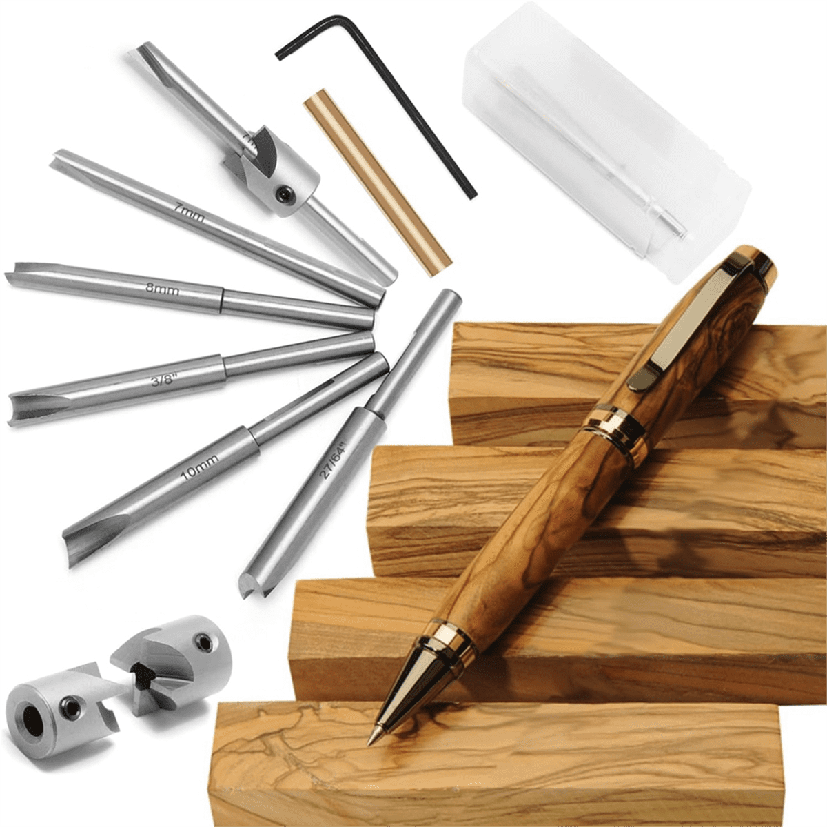 Pen Turning Kit For Wood Lathe - Includes Mandrel, 7mm Drill Bit, Barrel Trimmer & Cutter Head For DIY Pen Making