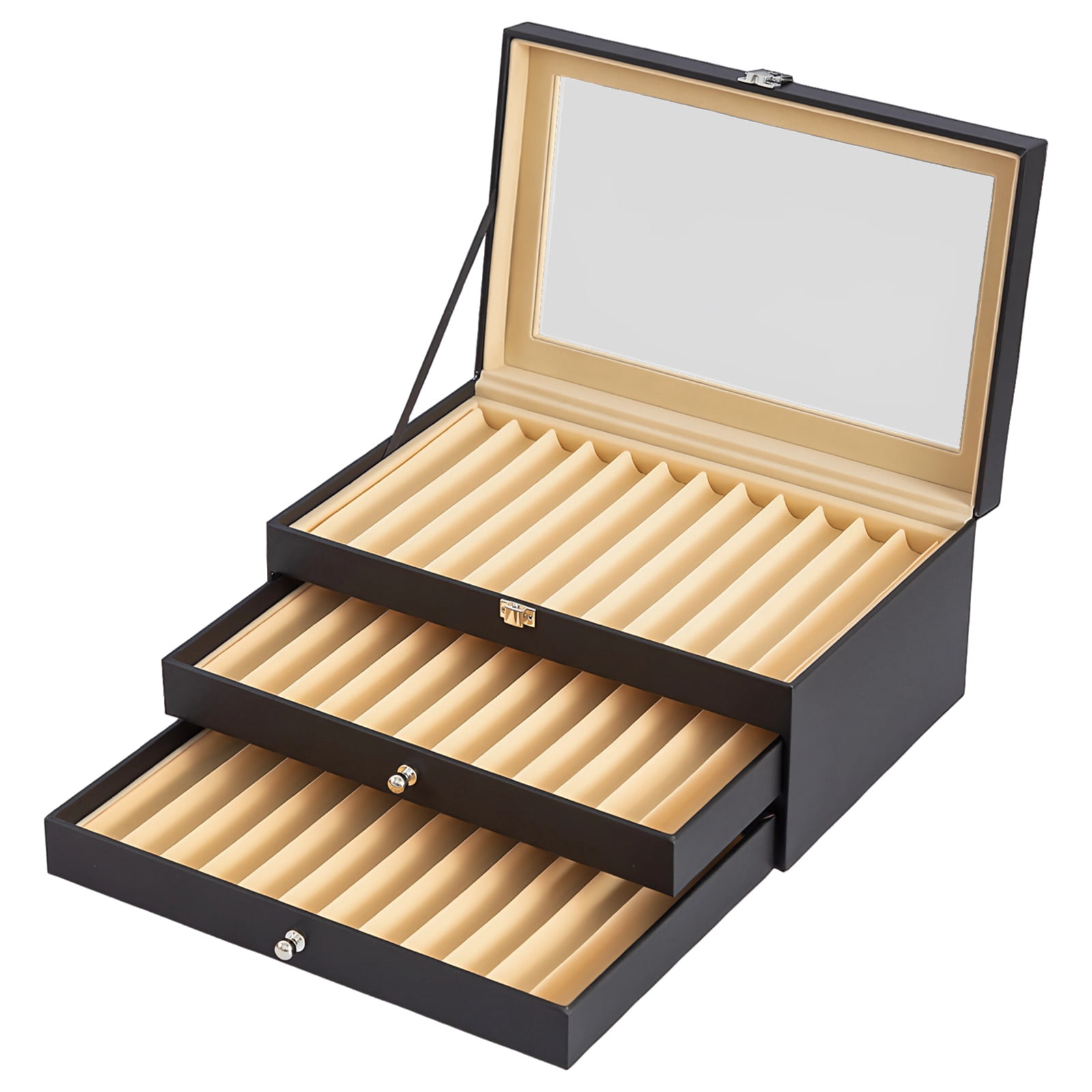 Pen Organizer Storage Display Box, Vintage PU Leather Pen Case, 36 Pen Slots with Soft Cushion, Mirror Top, Secure Metal Lock, Ideal for Collectors and Gift Purposes