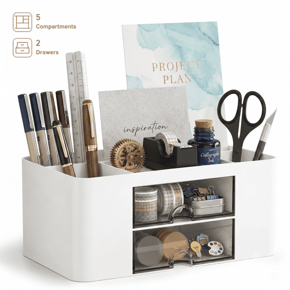 Pen Organizer with 2 Drawer 5 Compartments + Drawer Pencil Holder for Desk, Multi-Functional Desk Organizer for Office Art Supplies, White