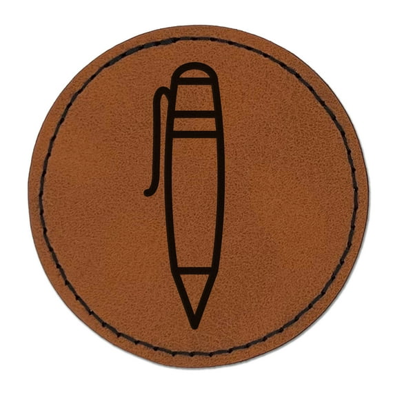 Pen Outline 2.5" Faux Leather Round Engraved Iron-On Patch - Brown