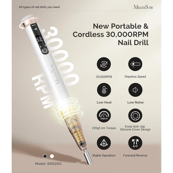 Pen-Shaped Stepless Speed Adjustment Cordless Nail Drill, SM220G 30000RPM Portable Rechargeable E-File with Rotary Lock for All Manicure Shaping & Acrylic Gel Removal for Pros at Home