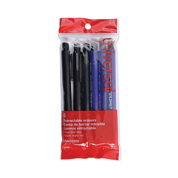 Universal UNV55106 Pencil Marks Pen-Style Retractable White Eraser - Assorted (6/Pack)