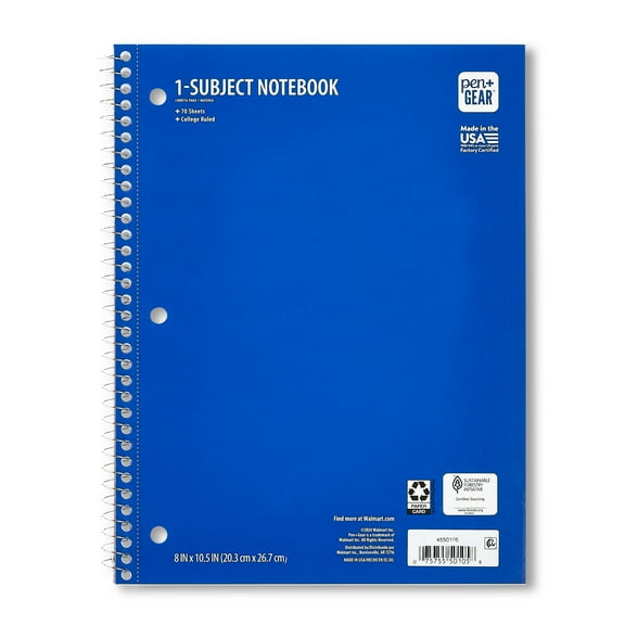 Pen+Gear College Ruled 1-Subject Notebook, 8" x 10.5", Blue, 70 Sheets