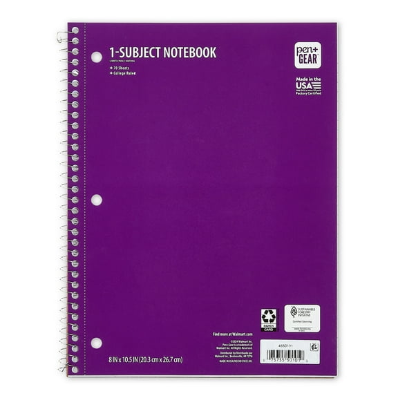 Pen+Gear College Ruled 1-Subject Notebook, 8" x 10.5", Purple, 70 Sheets
