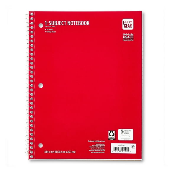 Pen+Gear College Ruled 1-Subject Notebook, 8" x 10.5", Red, 70 Sheets