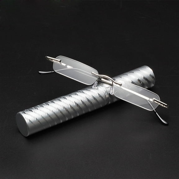 Pen holder Frameless Silver Reading Glasses +3.00 Small Rectangle Presbyopic Glasses Rimless Metal Business Readers with Case