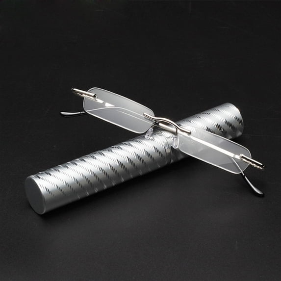 Pen holder Frameless Silver Reading Glasses +3.50 Small Rectangle Presbyopic Glasses Rimless Metal Business Readers with Case