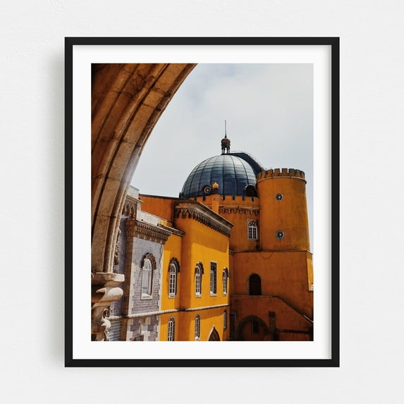 Pena Palace - Sintra Lisboa Portugal Photography Architecture Travel Poster Cityscape Vintage Scenic Art Deco Black Framed Wall Art Print 18 x 24 inches