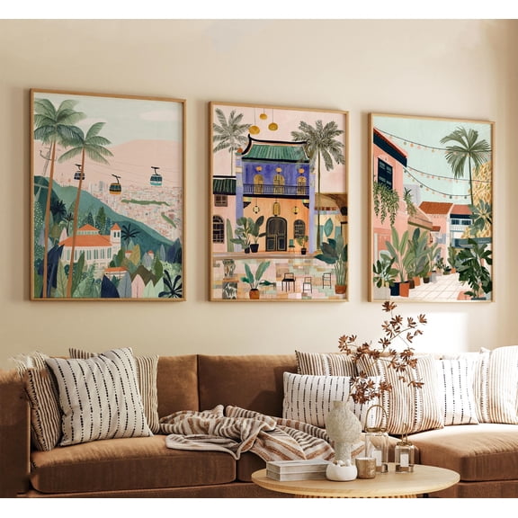 Penang Malaysia Poster Vintage Travel Illustration Wall Art Tropical City Prints Retro Style Set 3