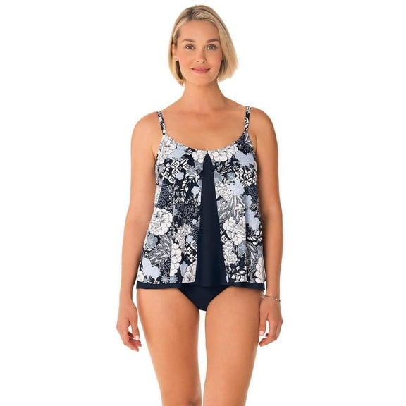 Penbrooke Navy Blue Lacey Affair Split Front and Back Overlay Tankini Top 12 / Navy Blue