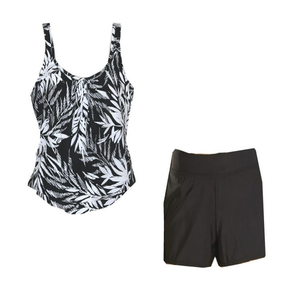 Penbrooke Palm Glitz 2-Piece Shirred Blouson Shortini Swimsuit Black/Silver - Size 14