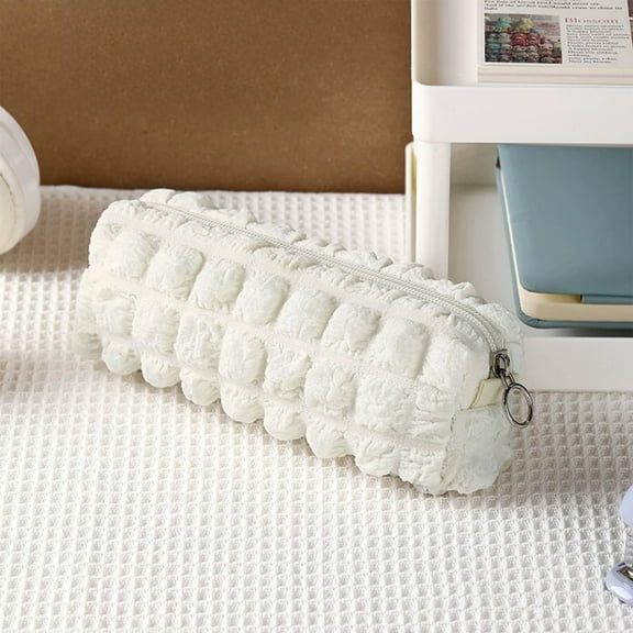 Pencil Bag, Cetaka Large Capacity Soft Cosmetic Bag, Non-Woven Fabric Bubble Design Storage Organizer for Stationery Makeup, White