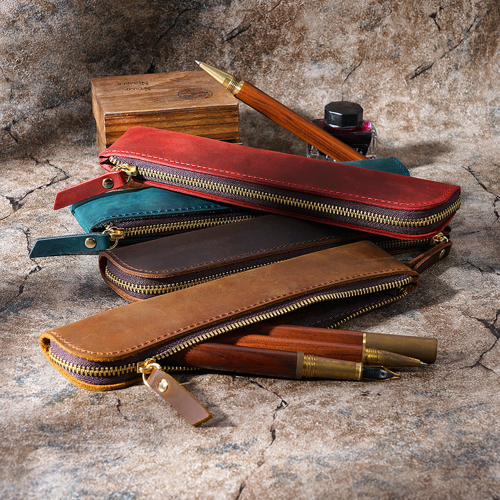 Pencil Case Leather Pouch Crazy Horse Cowhide Leather Zipper Pen Case for  School - Everweek