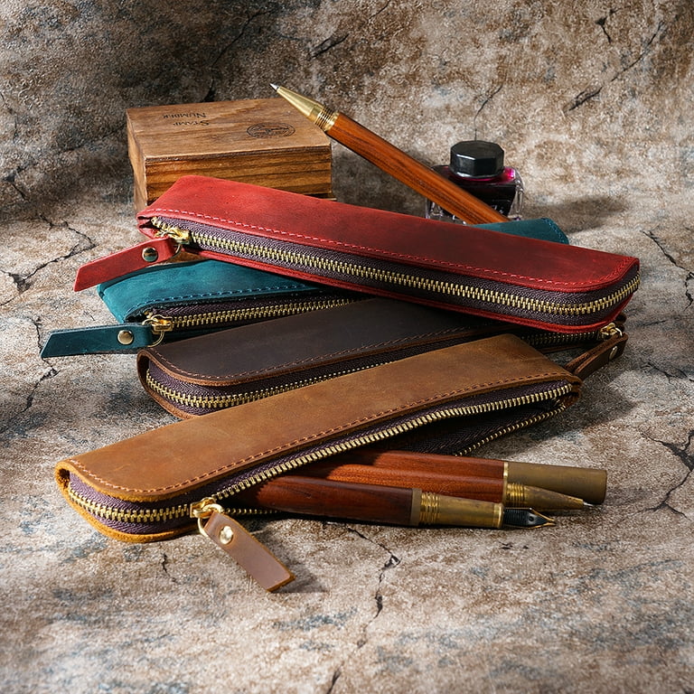 Compact Pencil Case Slim Pencil Pouch Leather Zipper Pen, Pencil & Cosmetic  Case - Pouch Stationery Bag