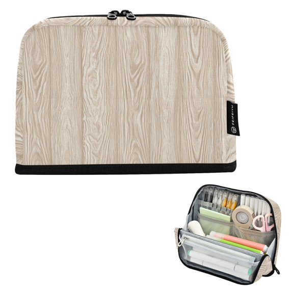 Pencil Bag with Magnetic Foldable Base Large Capacity Stand-Up Pencil Case Durable Nylon Pen Pouch Beige Wood Grain Pattern