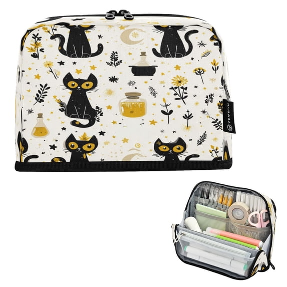 Pencil Bag with Magnetic Foldable Base Large Capacity Stand-Up Pencil Case Durable Nylon Pen Pouch Black Cat Seamless Pattern
