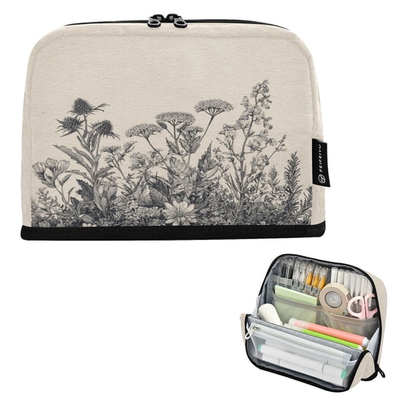 Pencil Bag with Magnetic Foldable Base Large Capacity Stand-Up Pencil Case Durable Nylon Pen Pouch Black and White Ink Drawing
