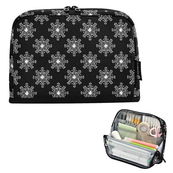 Pencil Bag with Magnetic Foldable Base Large Capacity Stand-Up Pencil Case Durable Nylon Pen Pouch Black and White Lace Pattern