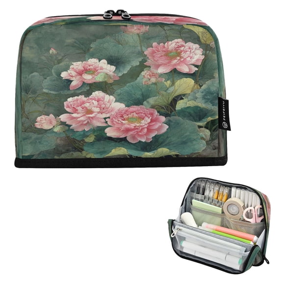 Pencil Bag with Magnetic Foldable Base Large Capacity Stand-Up Pencil Case Durable Nylon Pen Pouch Blossoming Lotus