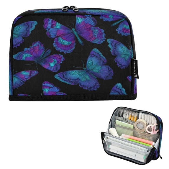 Pencil Bag with Magnetic Foldable Base Large Capacity Stand-Up Pencil Case Durable Nylon Pen Pouch Blue Butterfly in Illustration Style