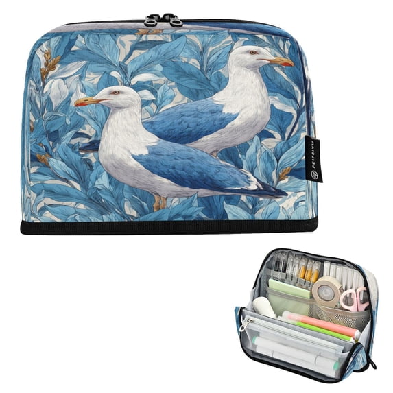 Pencil Bag with Magnetic Foldable Base Large Capacity Stand-Up Pencil Case Durable Nylon Pen Pouch Blue Seagull