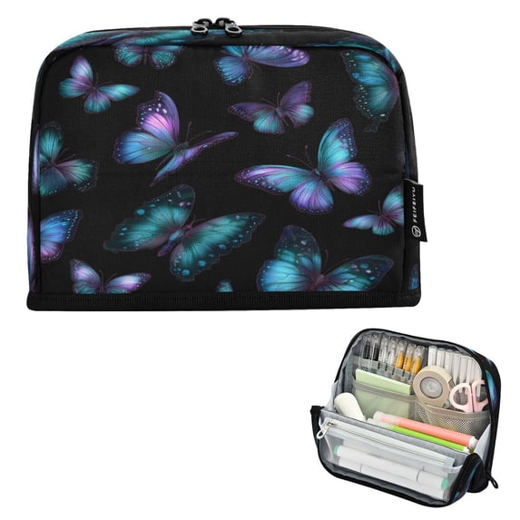Pencil Bag with Magnetic Foldable Base Large Capacity Stand-Up Pencil Case Durable Nylon Pen Pouch Blue-purple and Cyan Butterflies