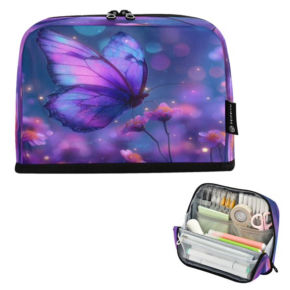 Pencil Bag with Magnetic Foldable Base Large Capacity Stand-Up Pencil Case Durable Nylon Pen Pouch Butterfly with Glowing Wings