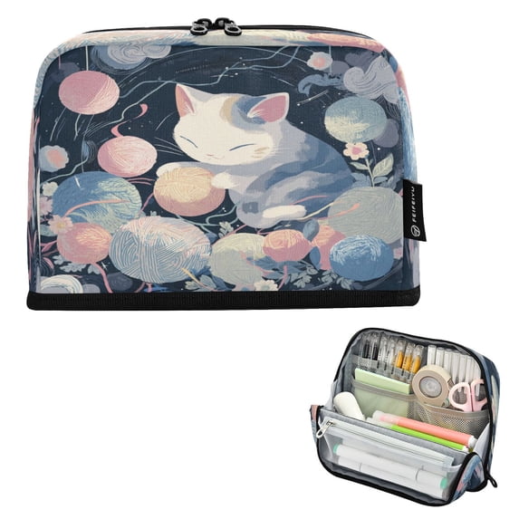 Pencil Bag with Magnetic Foldable Base Large Capacity Stand-Up Pencil Case Durable Nylon Pen Pouch Cat and Yarn Pattern