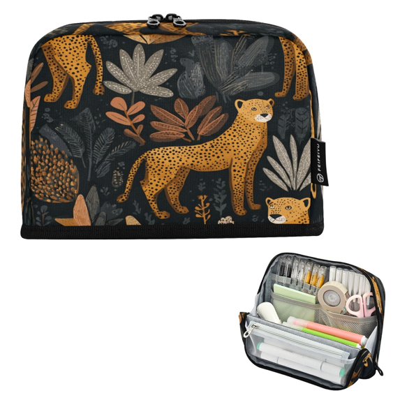 Pencil Bag with Magnetic Foldable Base Large Capacity Stand-Up Pencil Case Durable Nylon Pen Pouch Cheetahs and Jungle Foliage Pattern
