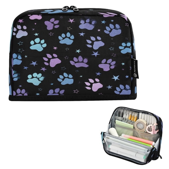 Pencil Bag with Magnetic Foldable Base Large Capacity Stand-Up Pencil Case Durable Nylon Pen Pouch Colorful Dog Paw Prints