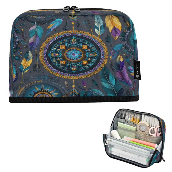 Pencil Bag with Magnetic Foldable Base Large Capacity Stand-Up Pencil Case Durable Nylon Pen Pouch Colorful Dreamcatcher and Arrows