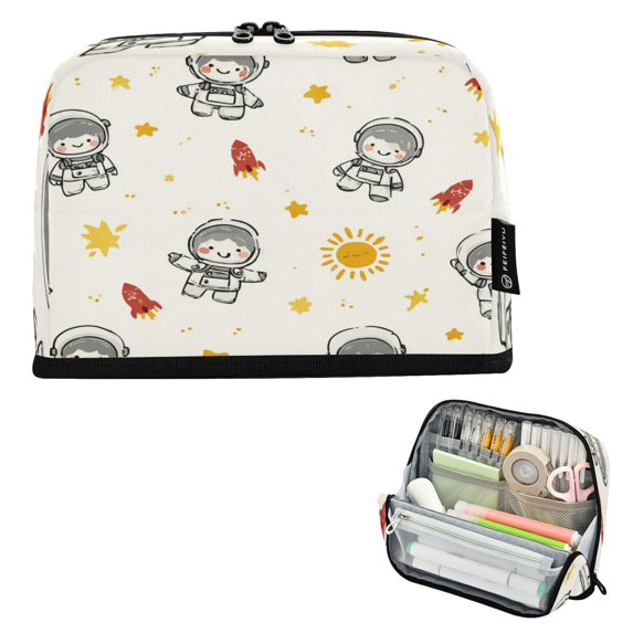 Pencil Bag with Magnetic Foldable Base Large Capacity Stand-Up Pencil Case Durable Nylon Pen Pouch Cute Astronaut Pattern