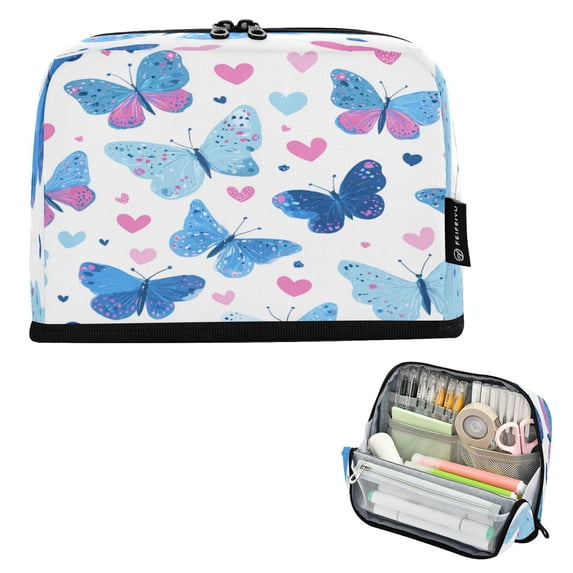 Pencil Bag with Magnetic Foldable Base Large Capacity Stand-Up Pencil Case Durable Nylon Pen Pouch Cute Butterflies and Hearts Pattern