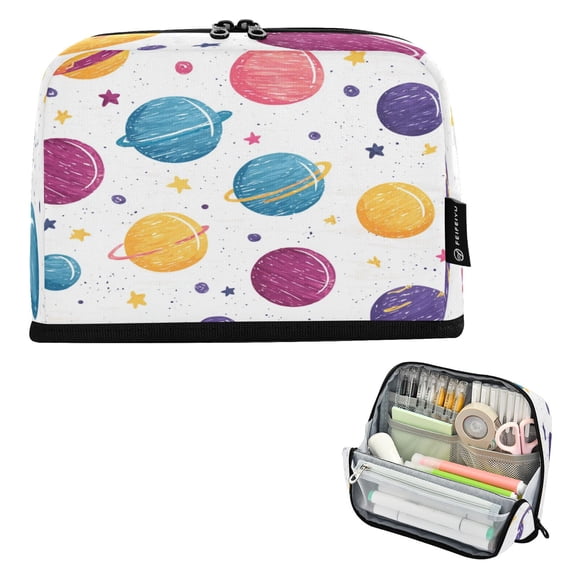 Pencil Bag with Magnetic Foldable Base Large Capacity Stand-Up Pencil Case Durable Nylon Pen Pouch Cute Doodle Planets