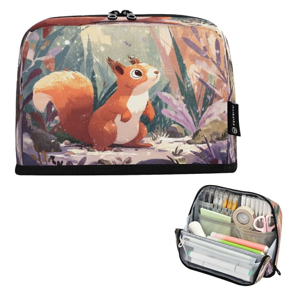 Pencil Bag with Magnetic Foldable Base Large Capacity Stand-Up Pencil Case Durable Nylon Pen Pouch Cute Little Squirrel
