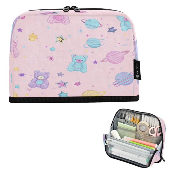 Pencil Bag with Magnetic Foldable Base Large Capacity Stand-Up Pencil Case Durable Nylon Pen Pouch Cute Pastel Space Pattern