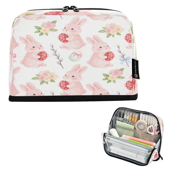Pencil Bag with Magnetic Foldable Base Large Capacity Stand-Up Pencil Case Durable Nylon Pen Pouch Cute Pink Bunny Pattern