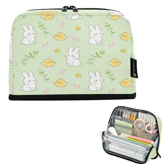 Pencil Bag with Magnetic Foldable Base Large Capacity Stand-Up Pencil Case Durable Nylon Pen Pouch Cute White Rabbit and Yellow Chick
